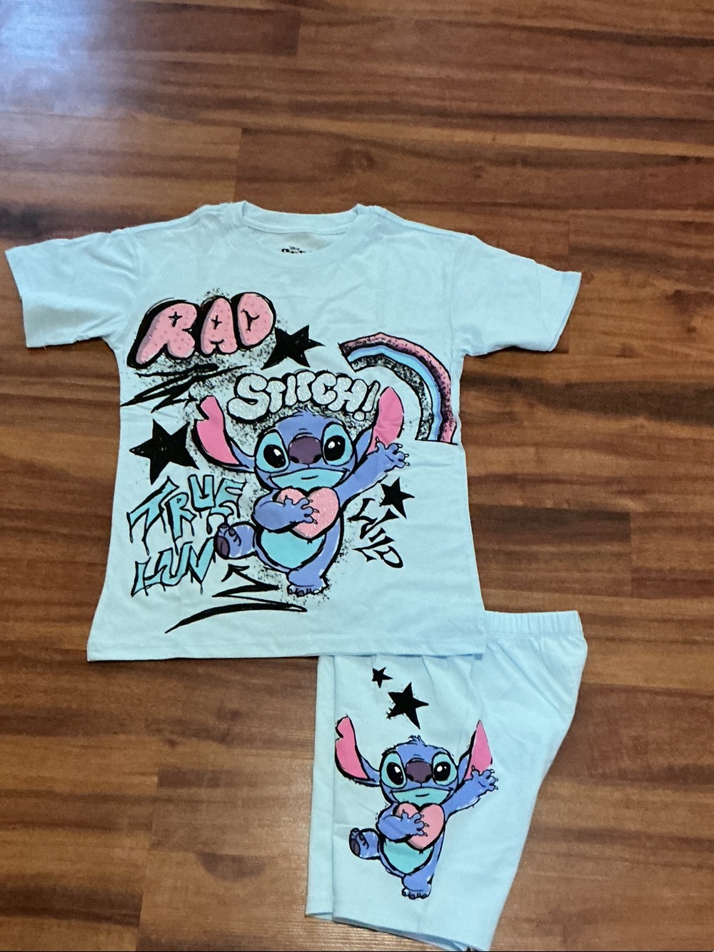 Stitch Kids outfit Set - Light Blue with Pink Accents sz 7/8 new